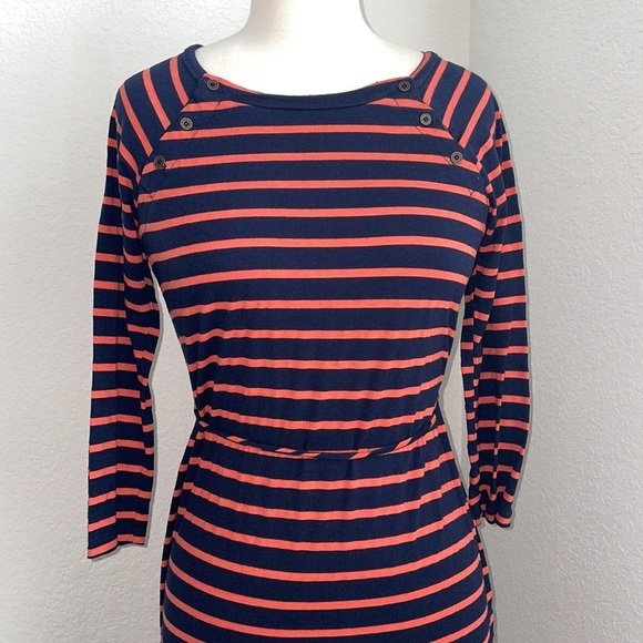 MOTHERHOOD striped orange and navy blue midi dress with ties in size small - Picture 3 of 10
